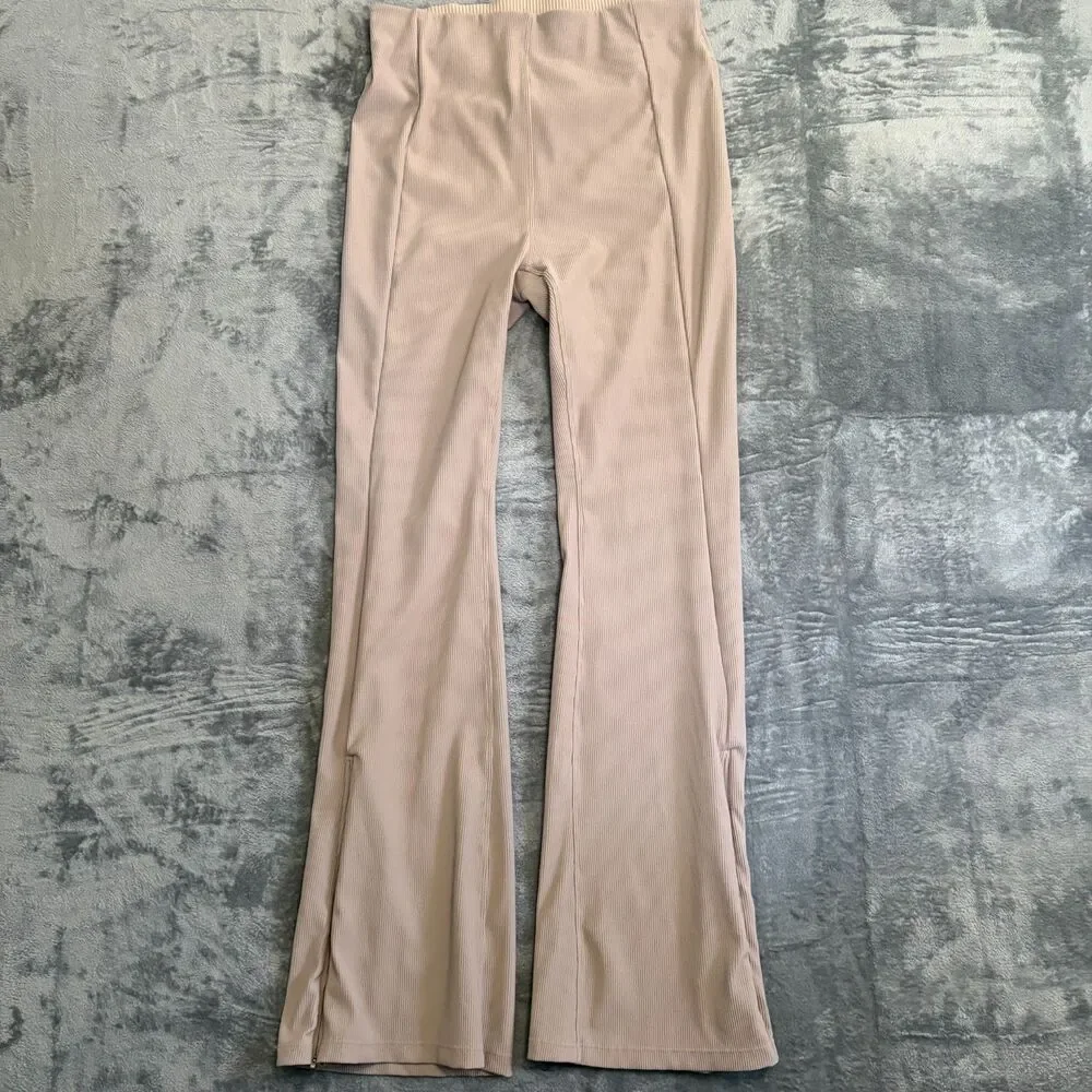 Lululemon Brushed Softstreme Ribbed Zip Hem Flared Pants Taupe Beige 6